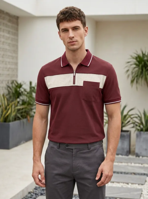 Men's Casual Colorblock Mesh Panel Zipper Polo Shirt