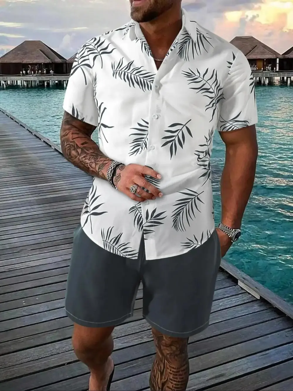 Men's Leaf Print Hawaiian Shirt & Drawstring Waist Short Set