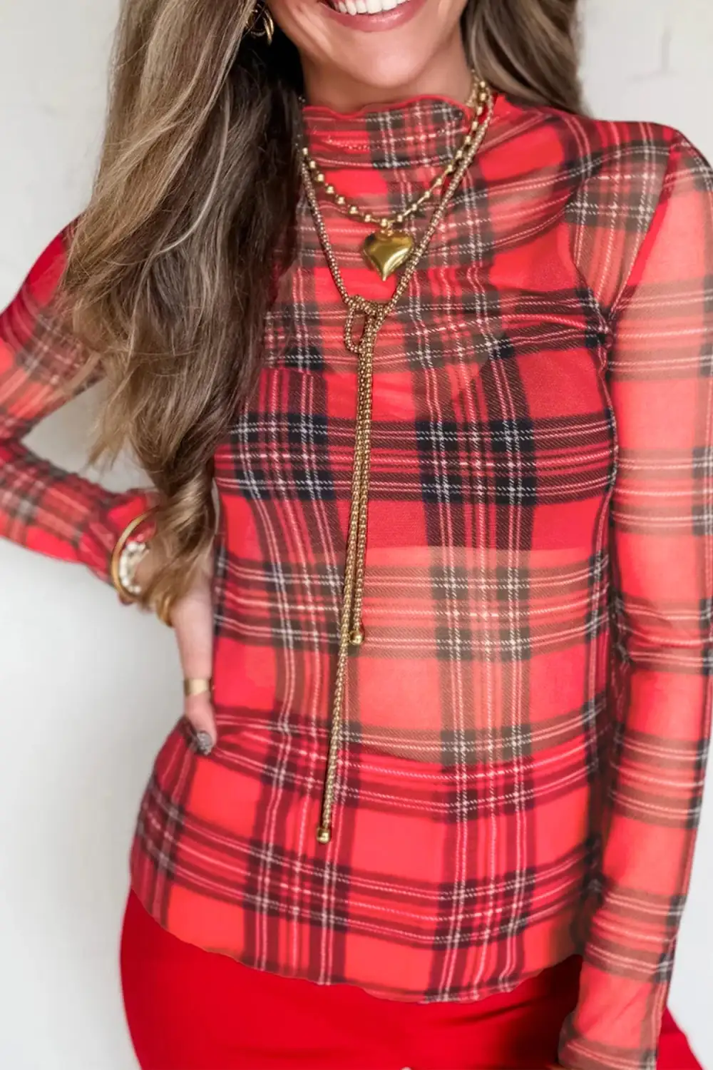 Plaid Round Neck Fitted Stretch Fabric Long Sleeve Top