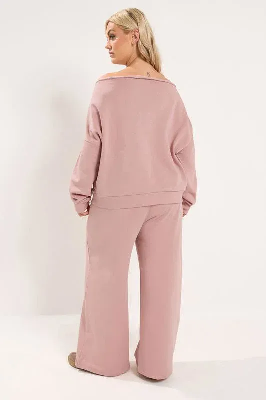 Pink Off Shoulder Sweatshirt & Jogger Wide Leg Set