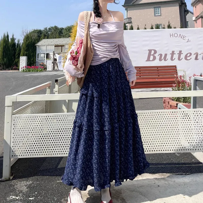Casual Floral High Waist A-Line Midi Skirt