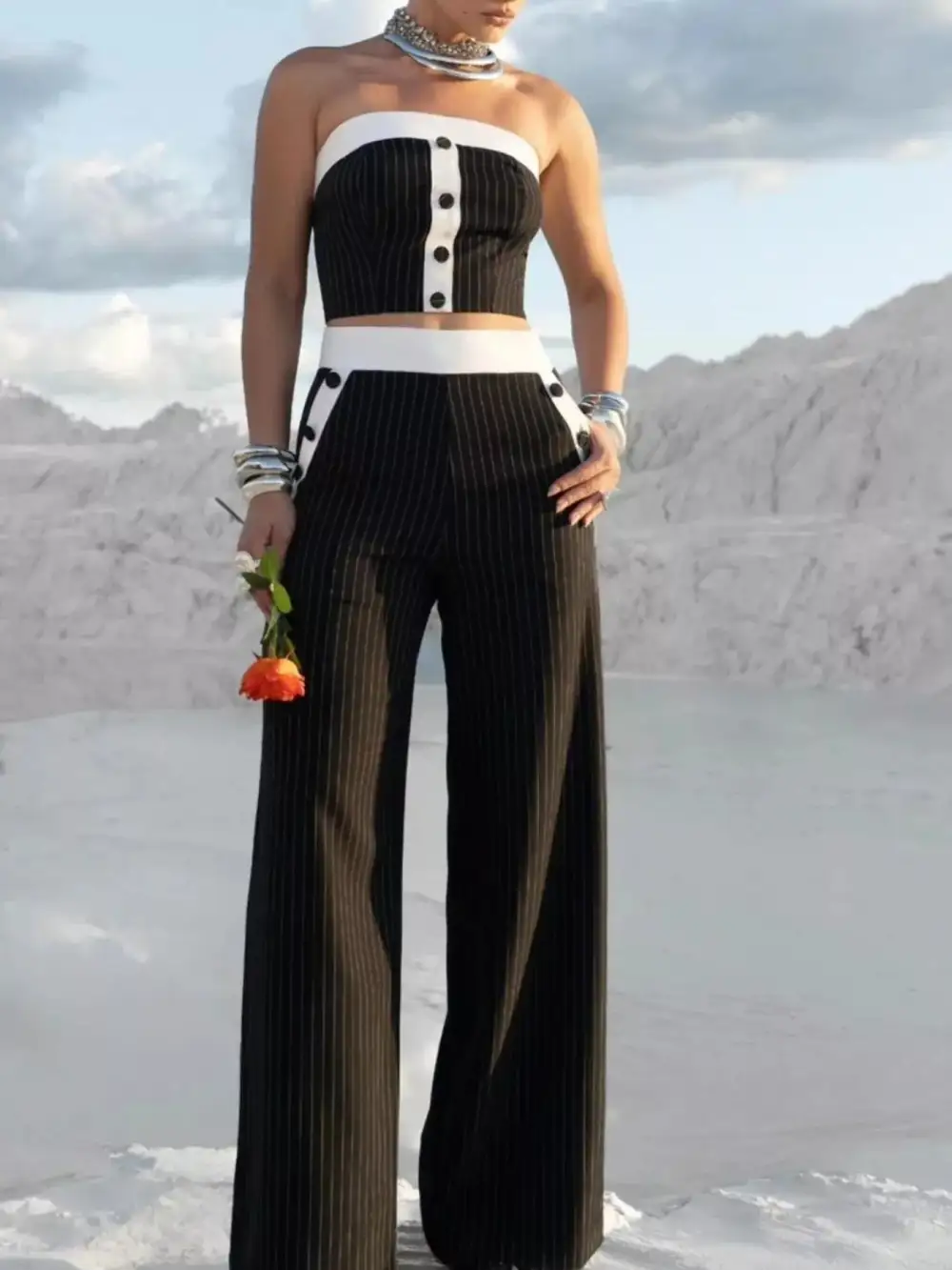 Striped Strapless Crop Top and Wide-leg Pants Set