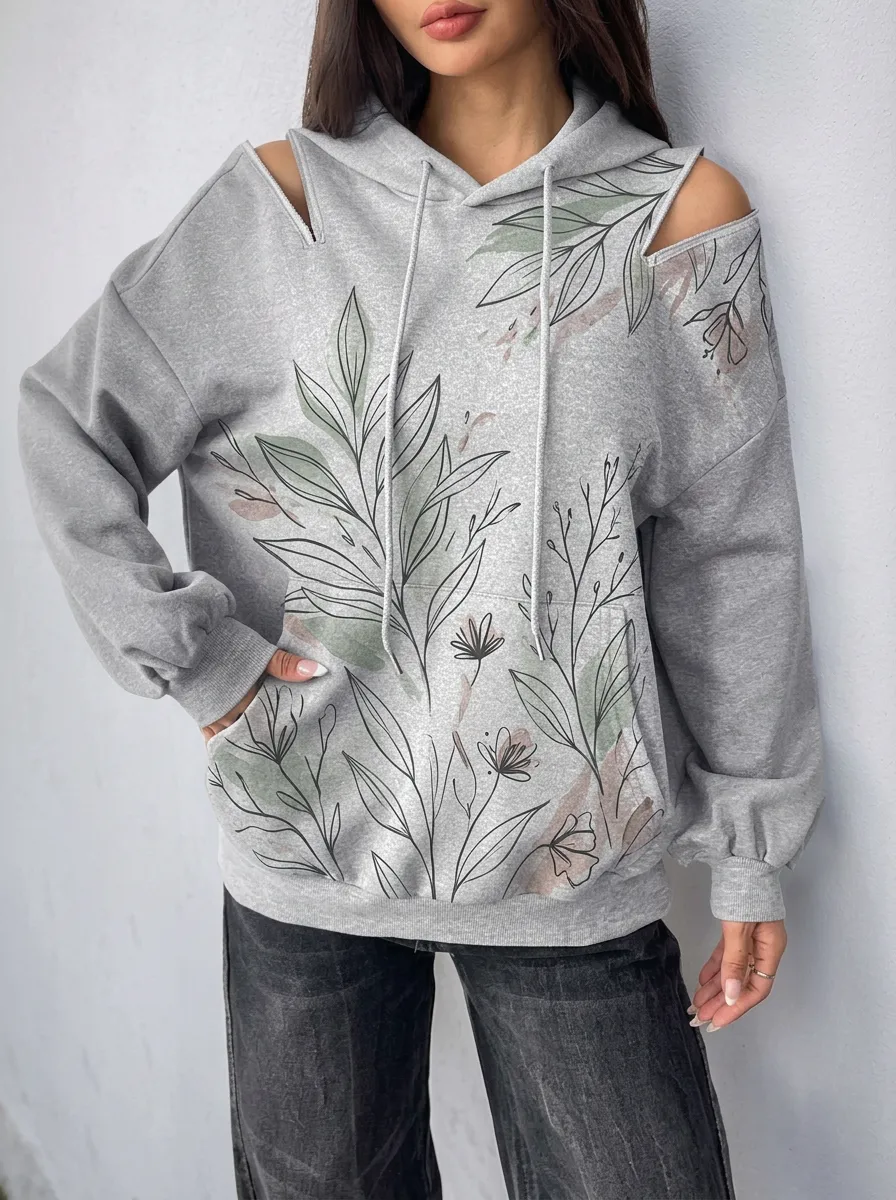 Women's Botanical Floral Cold Shoulder Printed Hoodie