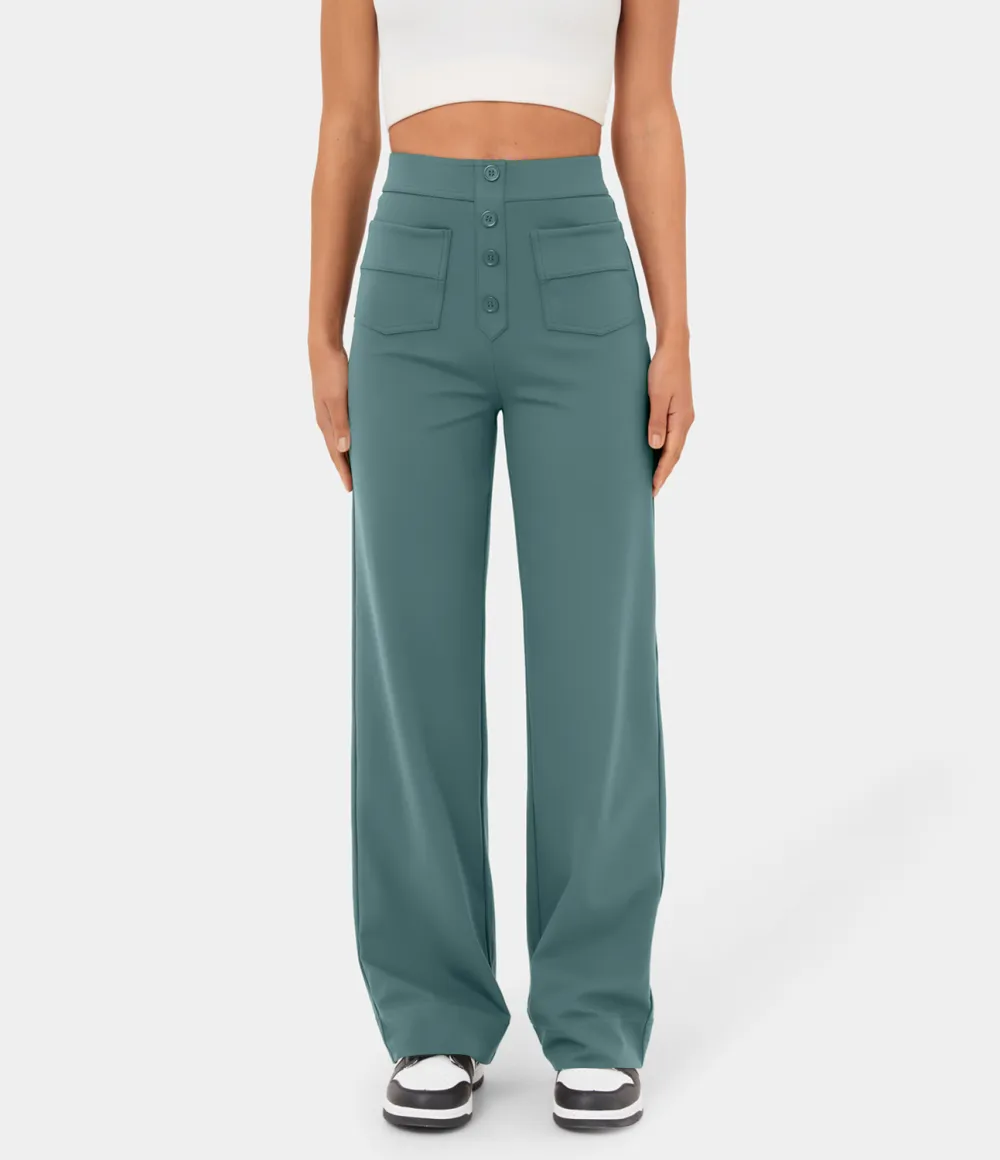 High Waisted Button Multiple Pockets Straight Leg Casual Pants