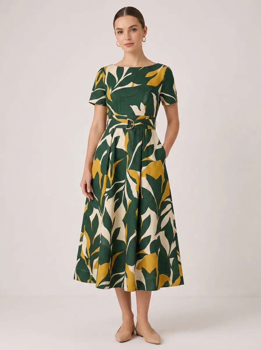 Women's Botanical Nature Lover Green Yellow Leaf Printed Dress