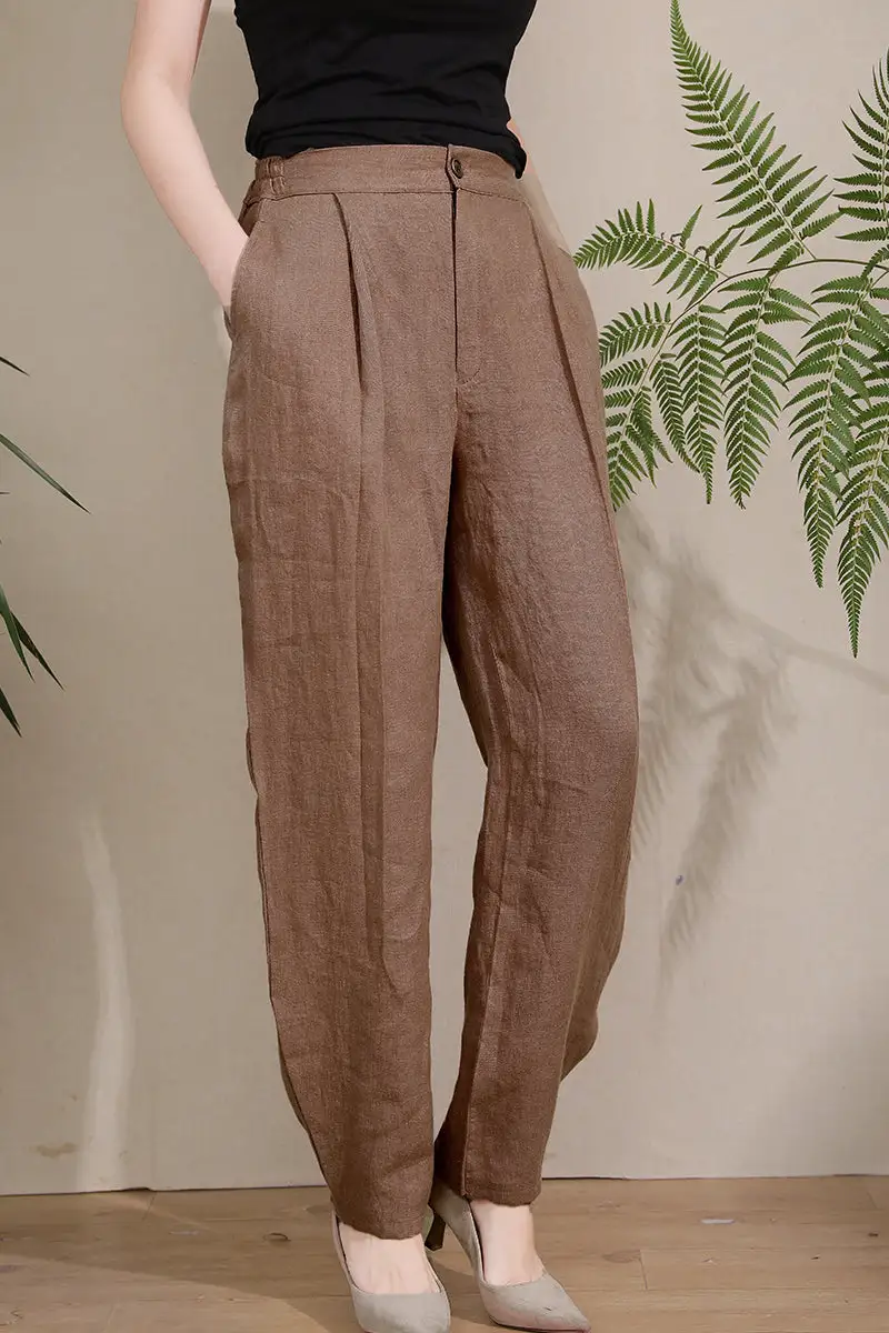 Statement Linen Wide Leg High Waist Pocketed Trousers