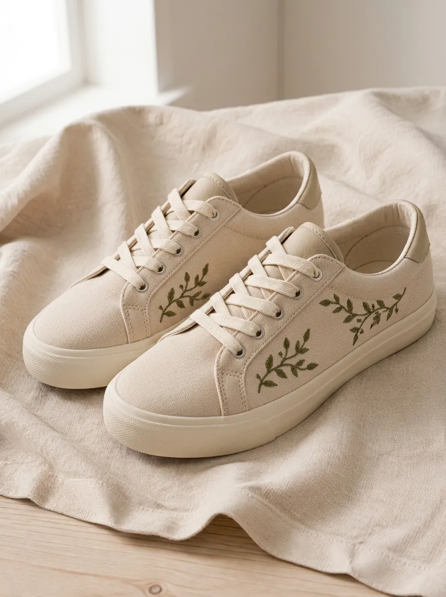 Women's Botanical Nature Lover Green Leaf Embroidered Canvas Shoes