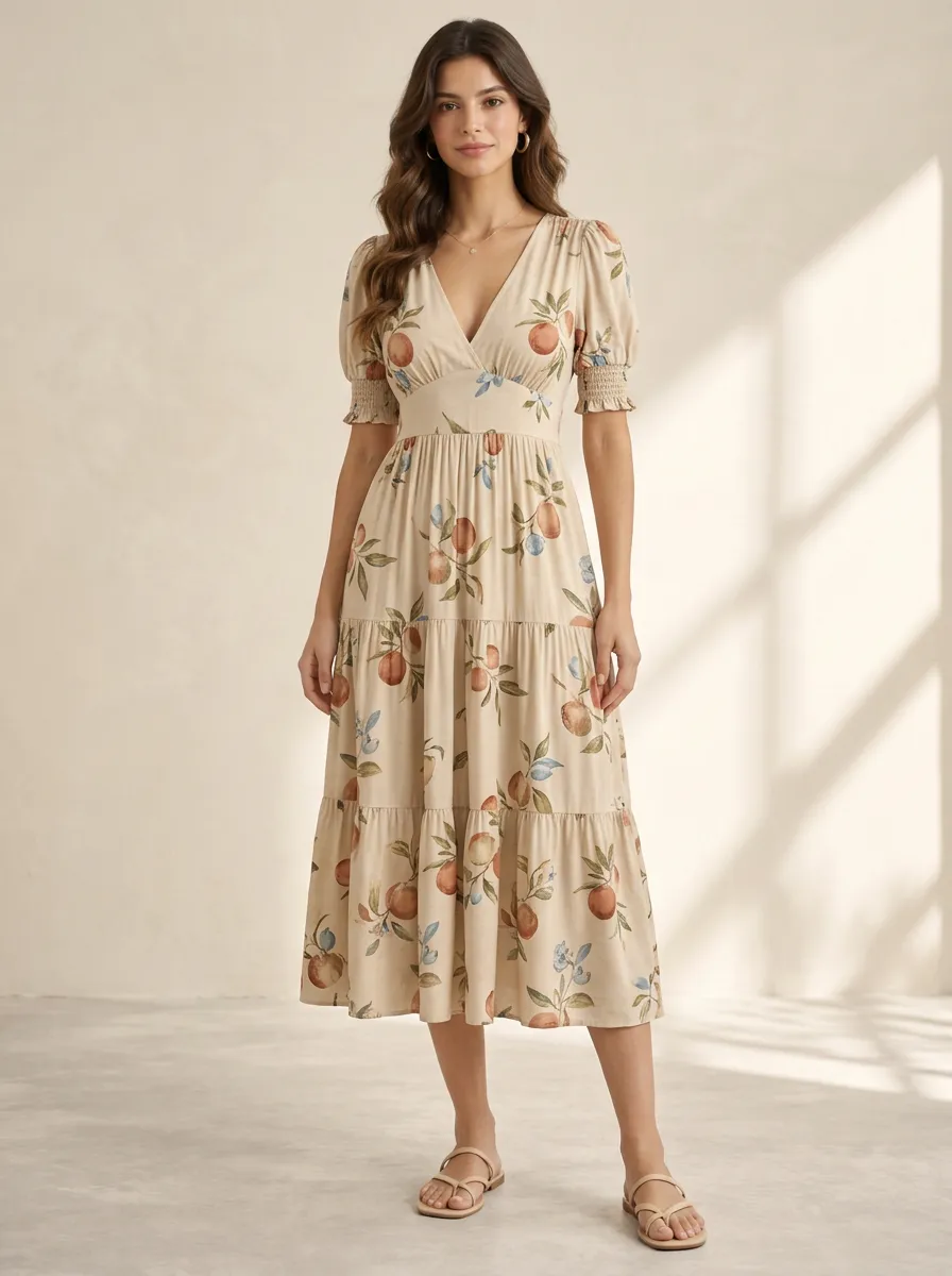Women's Summer Soft Pattern Botanical Fruit Printed Midi Dress