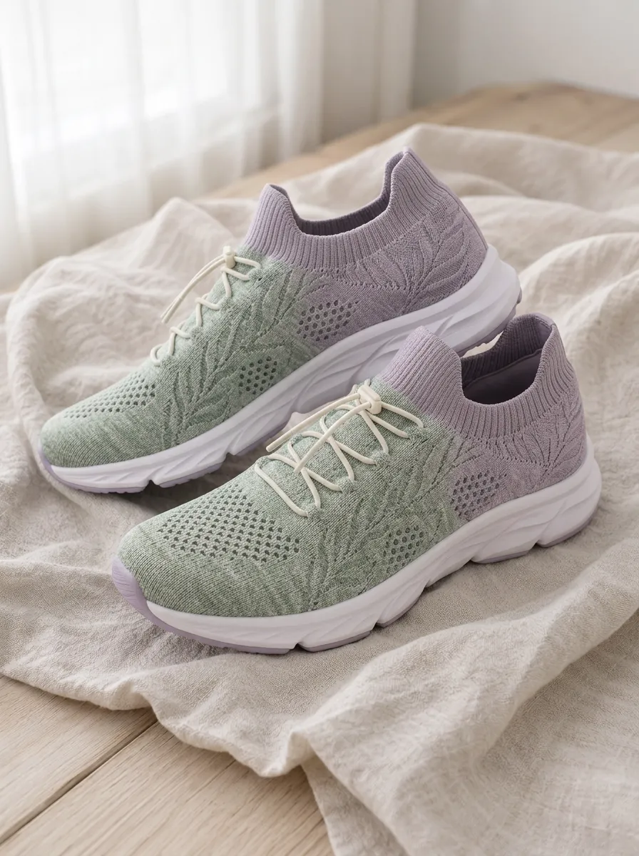 Women's Pastel Leaf Pattern Knitted Printed Sneakers