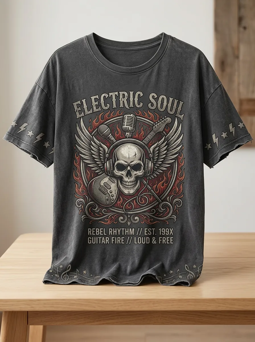 Unisex Rock Music Lover Skull Guitar Flame Printed T-shirt