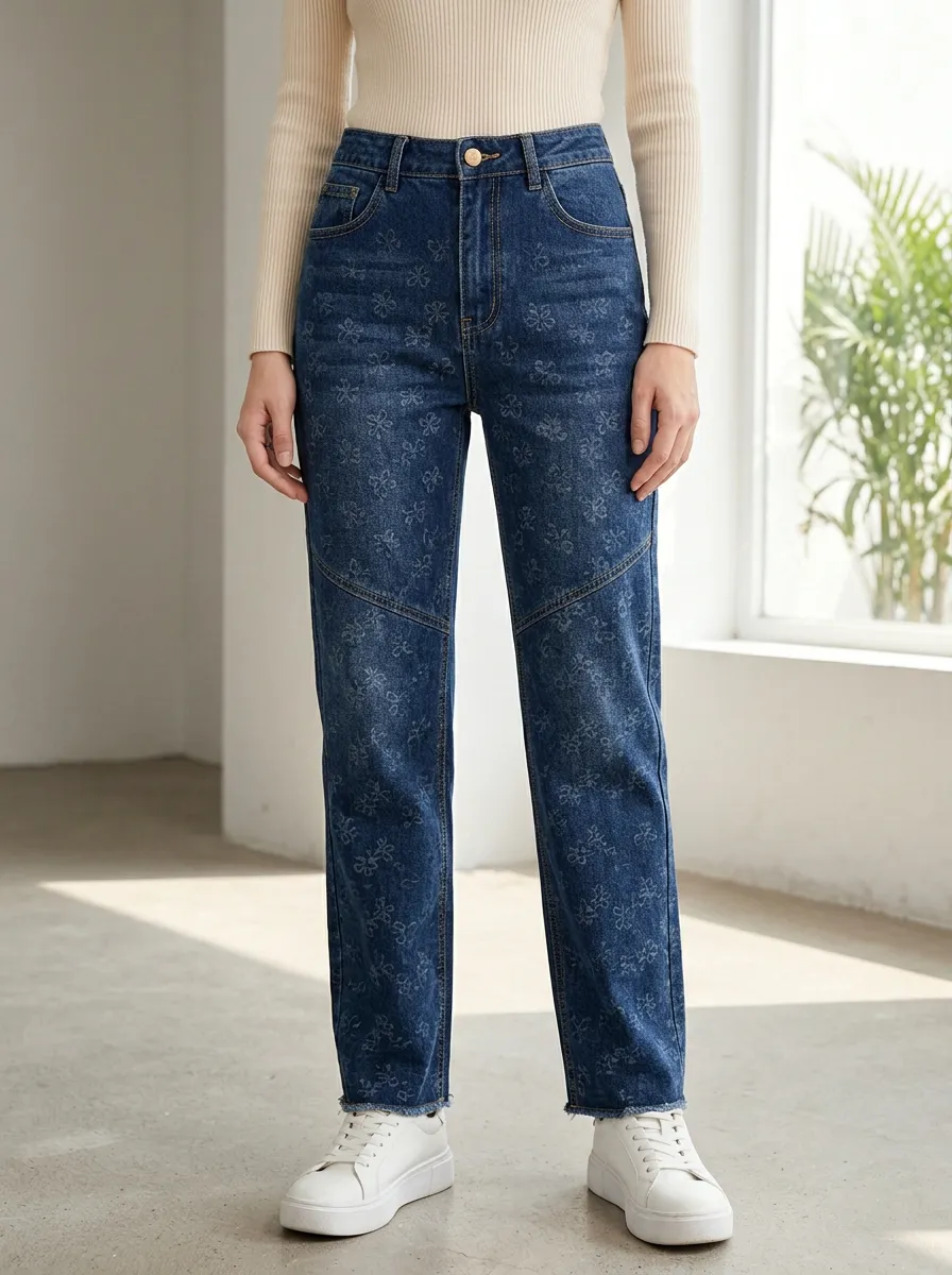 Women's Floral Pattern Dark Wash Printed Denim Jeans