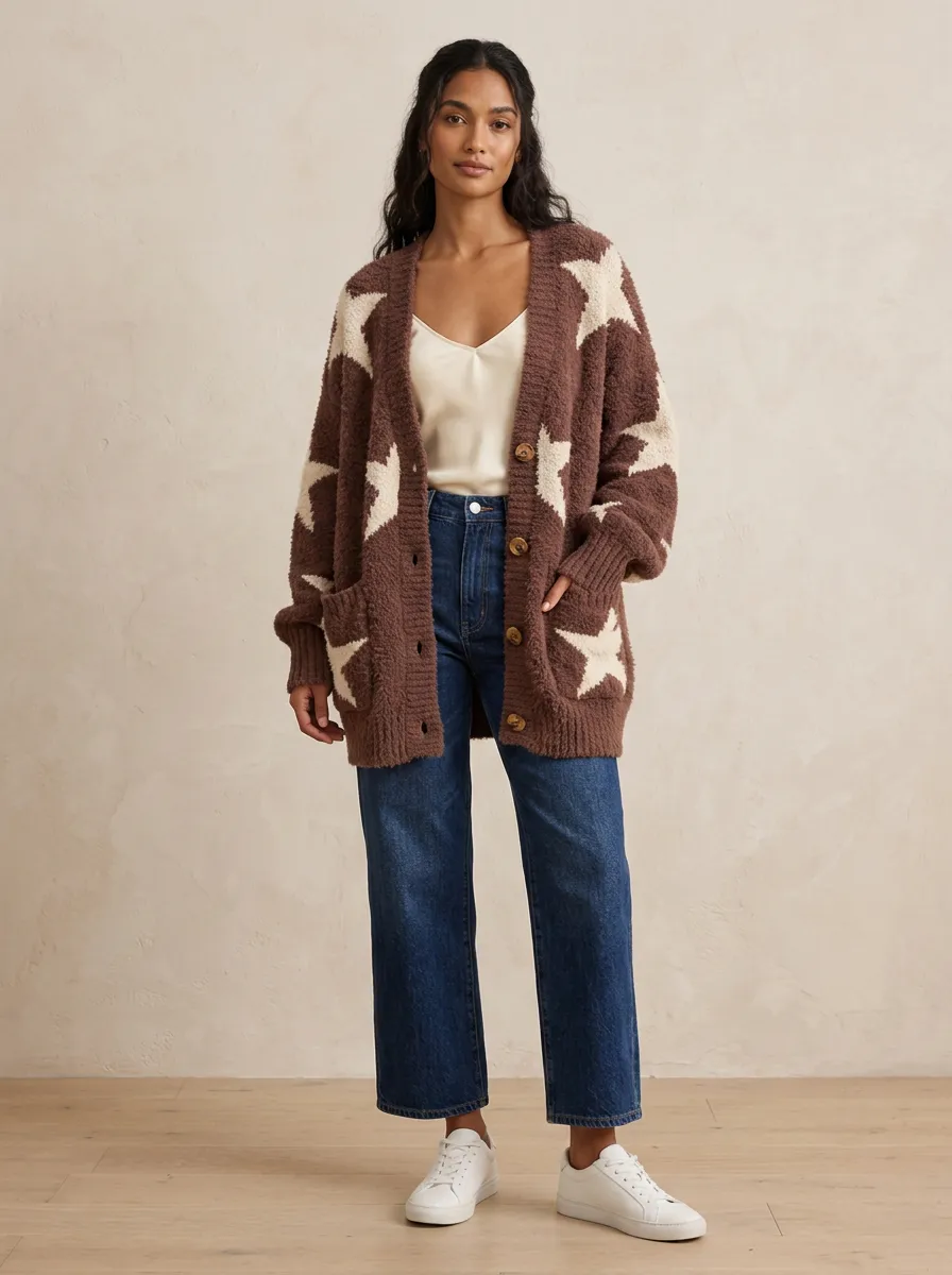 Women's Brown Star Pattern Knitted Cardigan