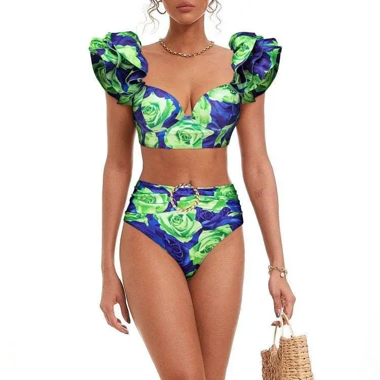 Ruffle Shoulder Two Piece Bikini Set with Skirt/pants Cover
