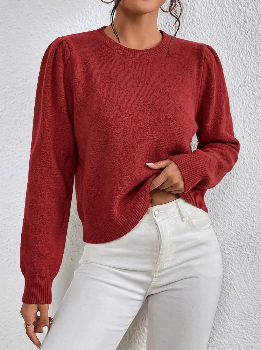 Women's Casual Solid Red Puff Sleeve Textured Crewneck Sweater