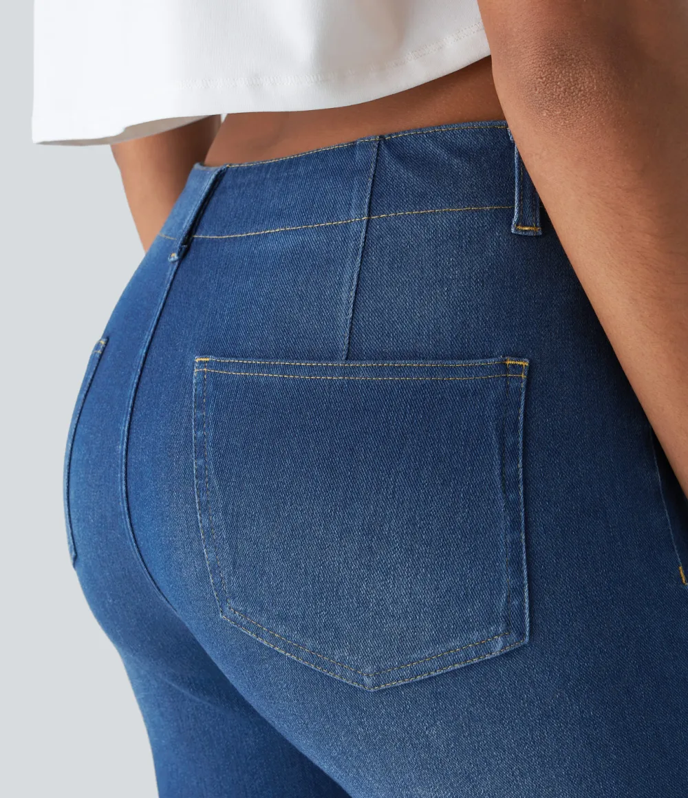 Magic Mid Rise Back Pockets Skinny Cool Touch Washed Stretchy Knit Denim Casual Shorts
