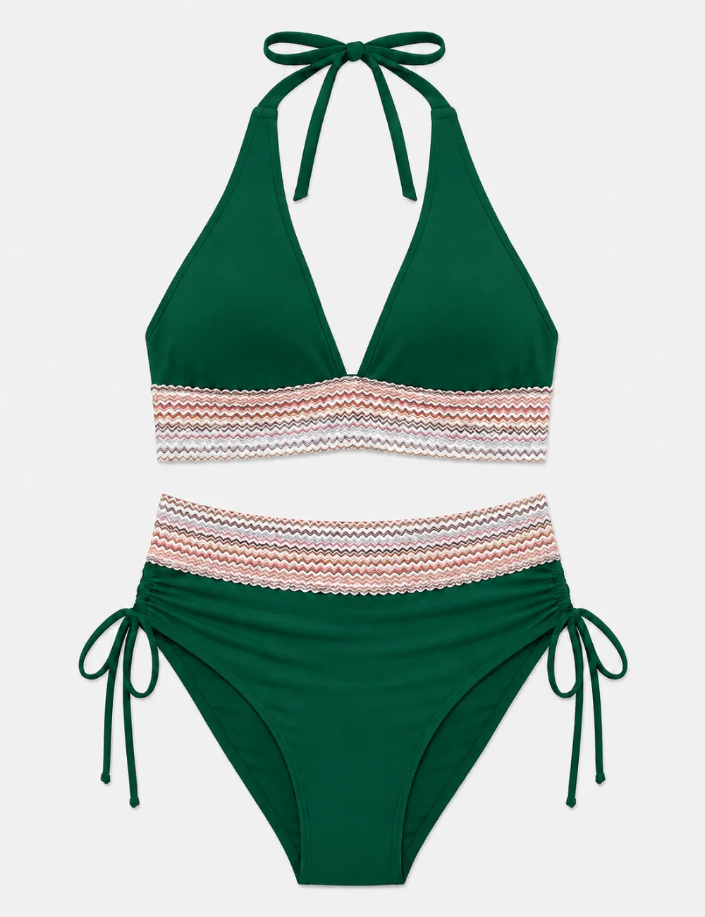 Deep V Neck Colorful Zigzag Smocked Trim Bikini Set