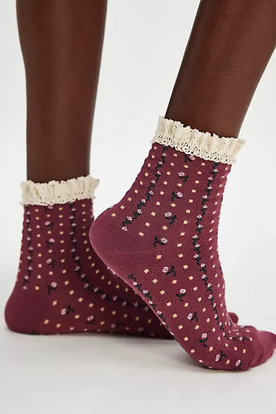 Floral Waffle Knit Socks Red