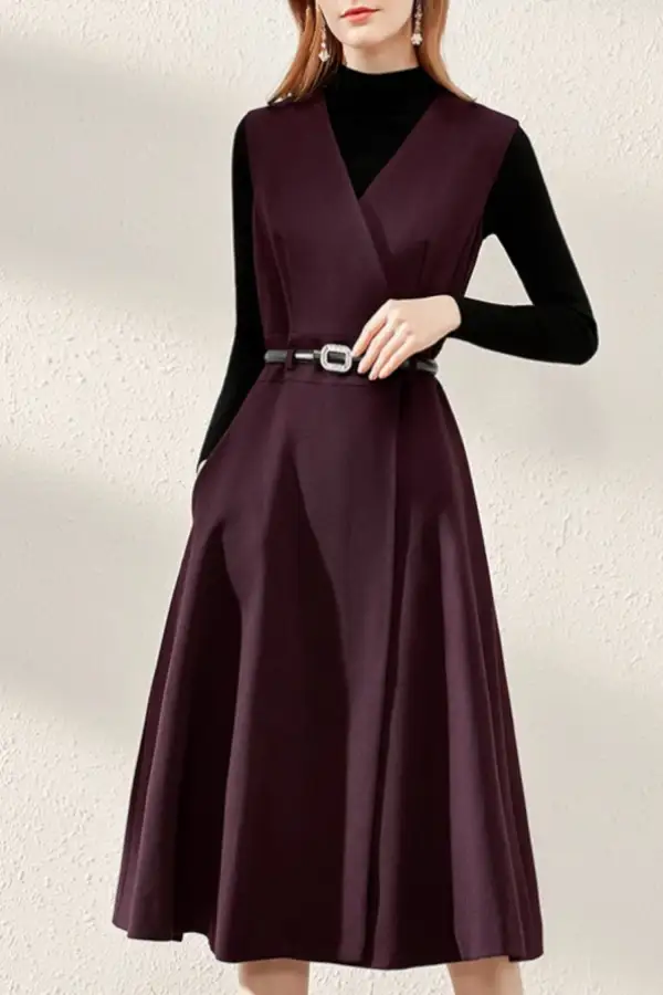 Wool Blend V Neck Sleeveless Midi Dress