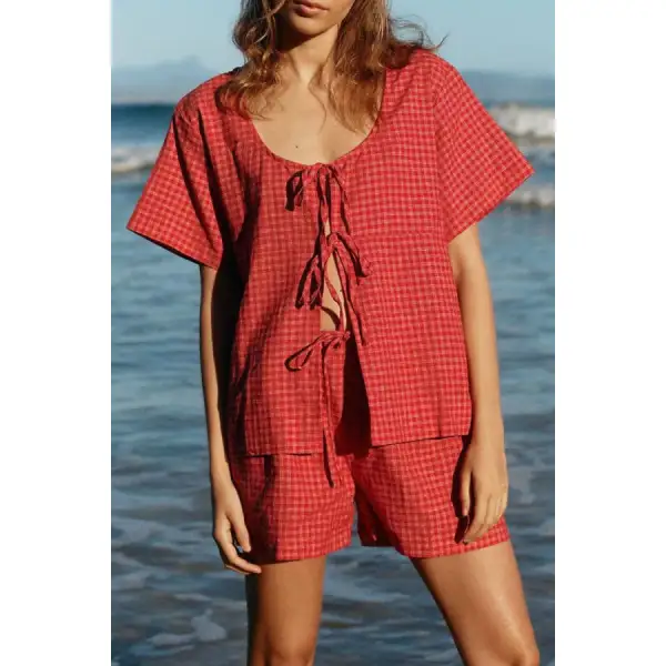Plaid Tied Scoop Neck Short Sleeve Top and Drawstring Shorts Set