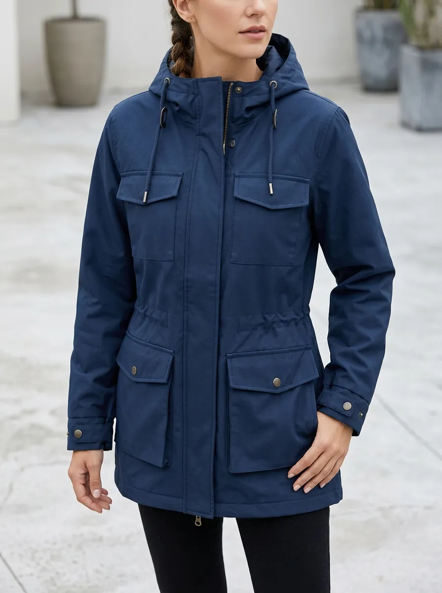 Women's Navy Blue Hooded Waterproof Utility Jacket with Adjustable Cuffs