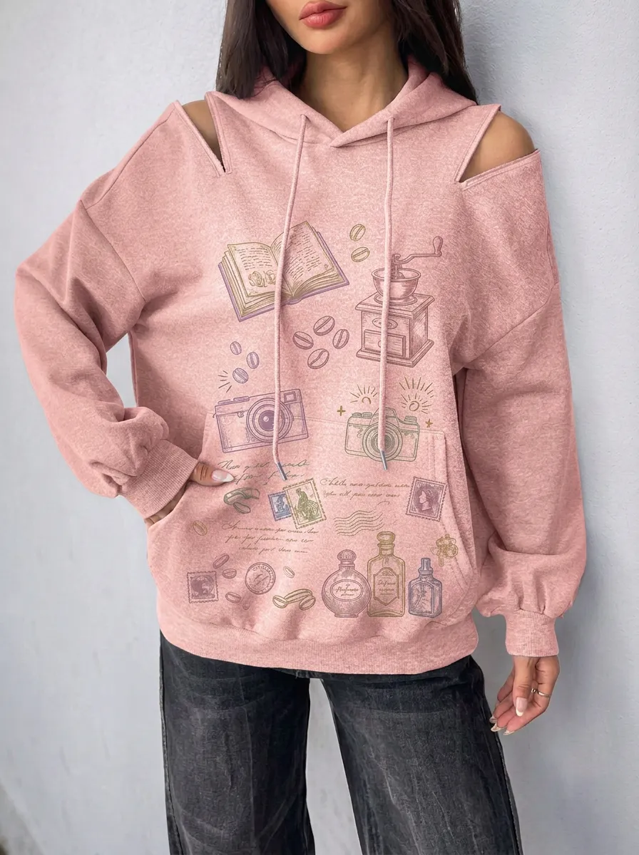 Women's Vintage Hobby Coffee Camera Printed Cold Shoulder Hoodie
