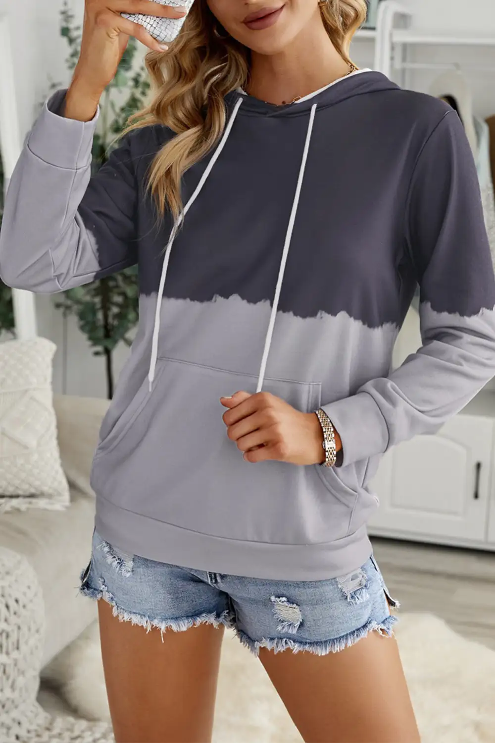 Dip Dye Color Block Drawstring Pockets Hoodie