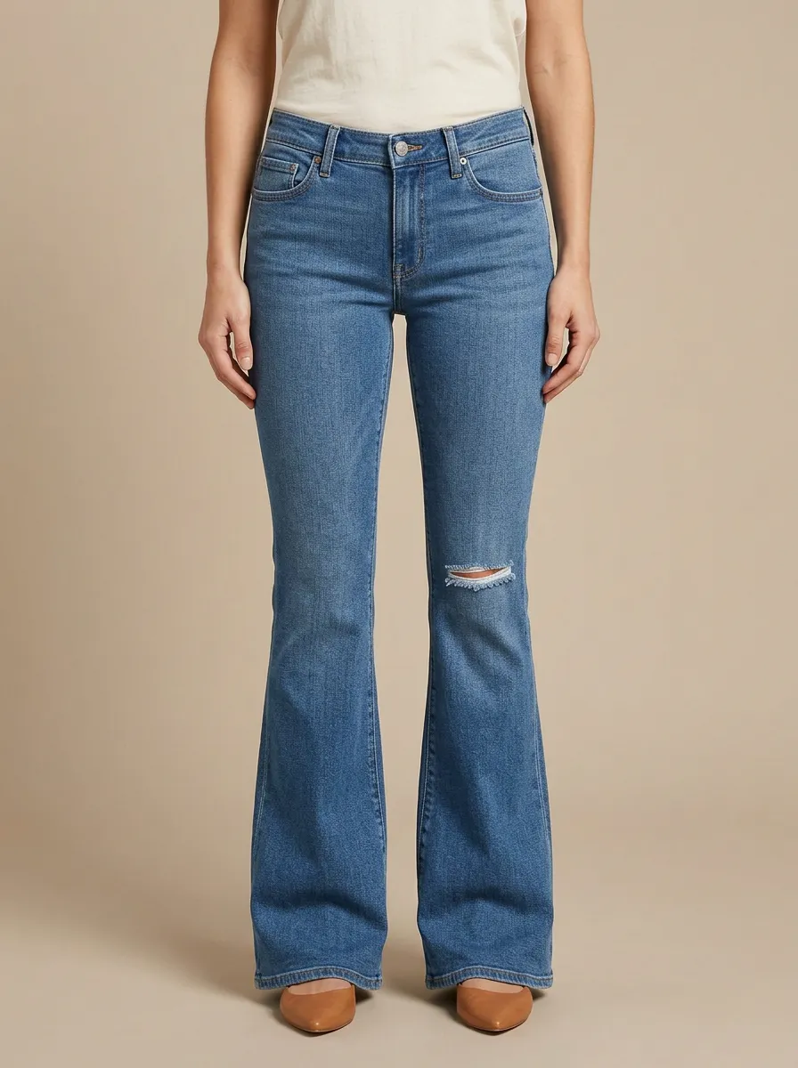 Women's Mid-Rise Left-Knee Faded Coin-Pocket Flare Jeans