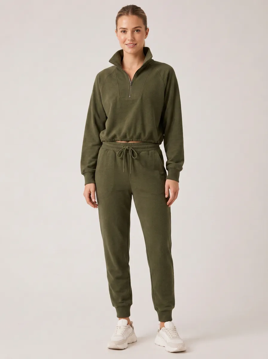 Women's Olive Green Quarter-Zip Crop Fleece Jogger Set