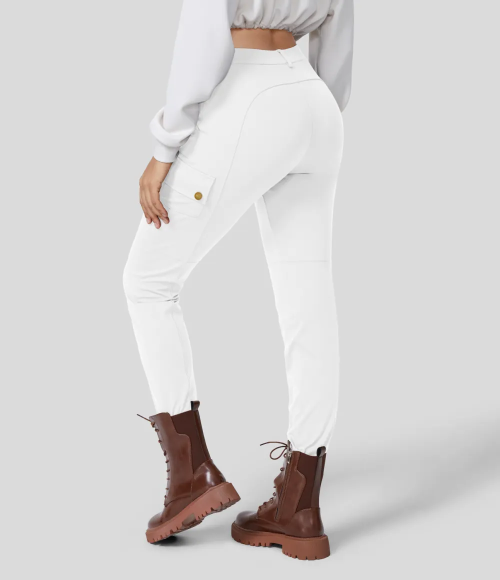 High Waisted Button Zipper Multiple Pockets Solid Skinny Cargo Pants