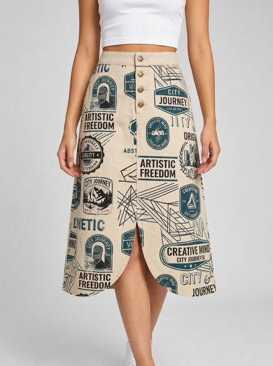 Women's Artistic City Journey Graphic Printed Midi Skirt