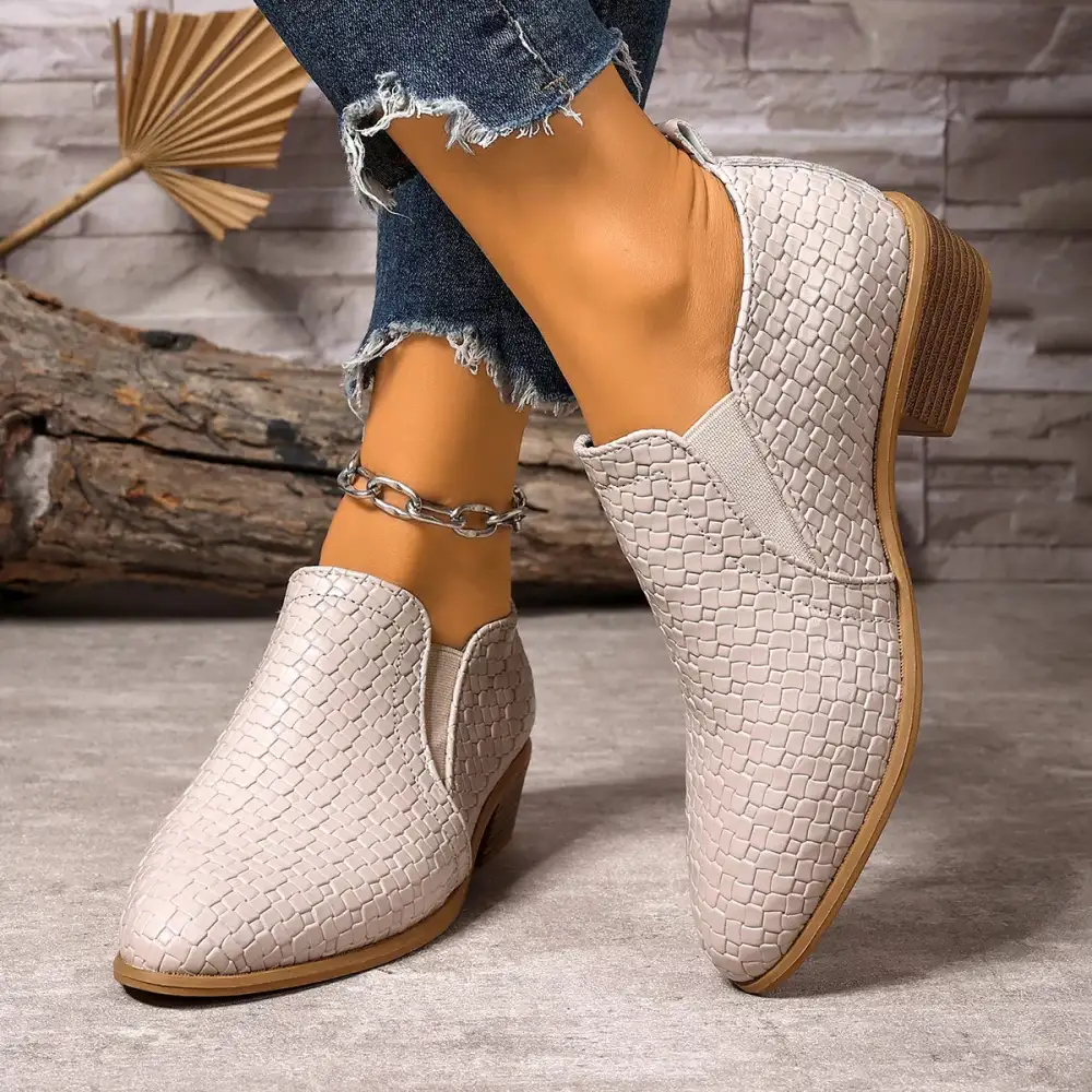 Textured Point Toe Block Heels Ankle Boots