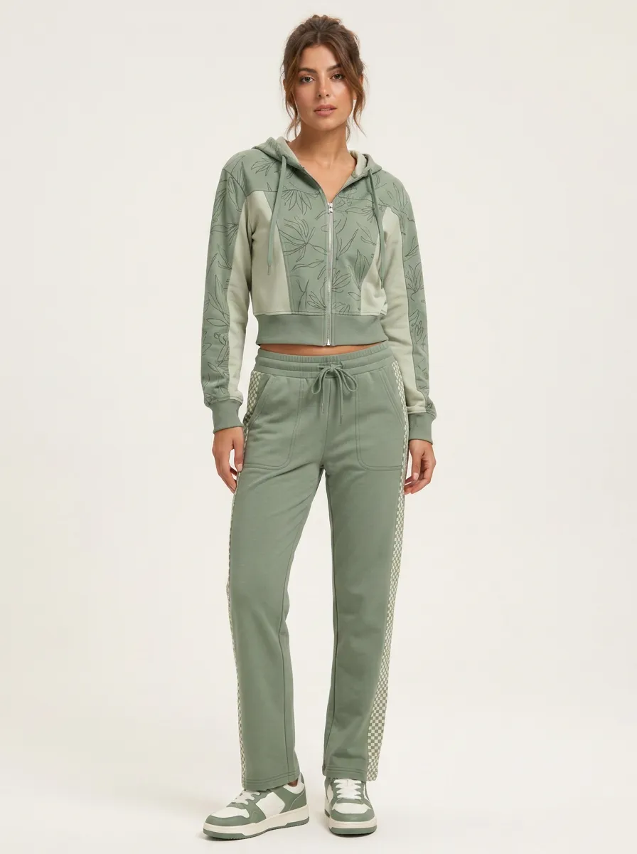 Women's Sage Green Botanical Leaf Checkered Printed Tracksuit