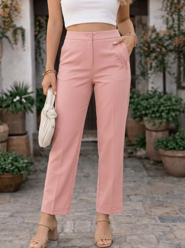 Women's Casual Leaf Embroidered Mid-Rise Straight Leg Pants