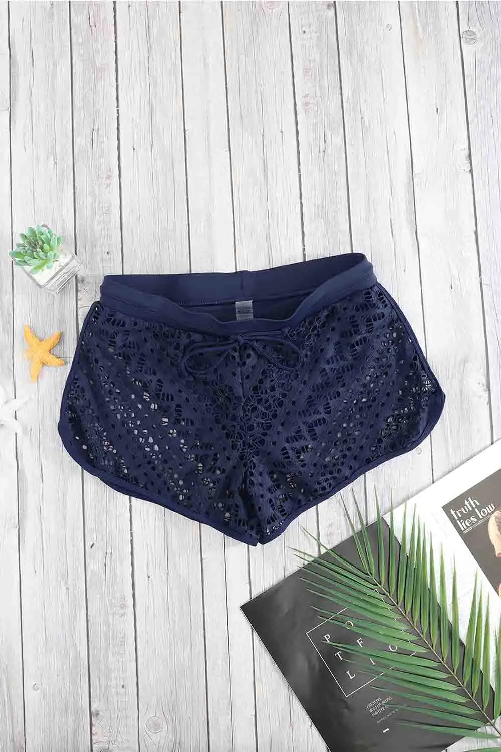 Swimwear Lace Panel Drawstring Waist Plus Size Swim Shorts