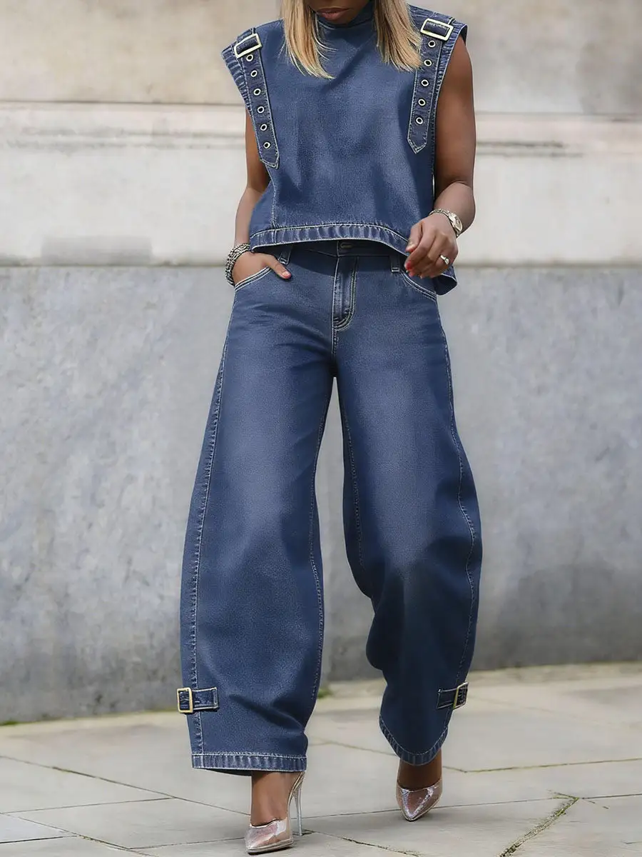 Minimal High Waist Wide Leg Buckle Detail Pocket Jeans