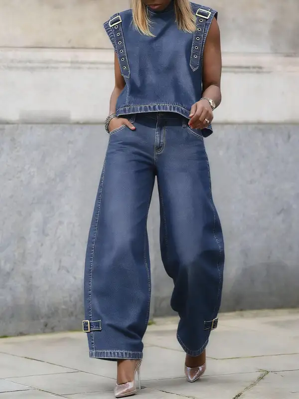 Minimal High Waist Wide Leg Buckle Detail Pocket Jeans