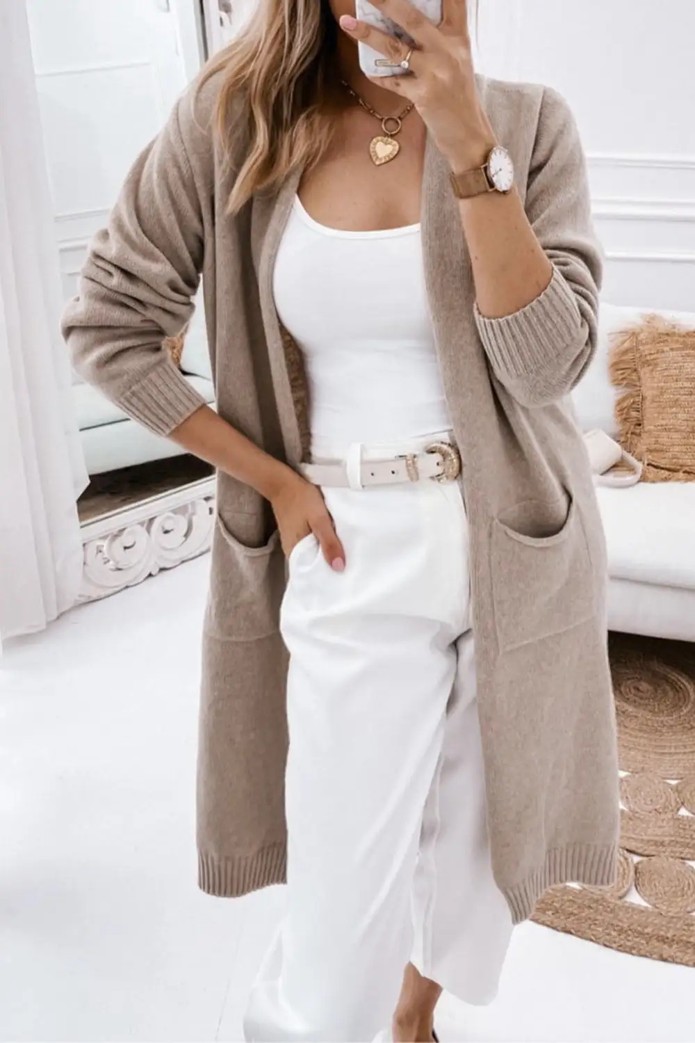 Ribbed Trim Pockets Open Front Midi Cardigan