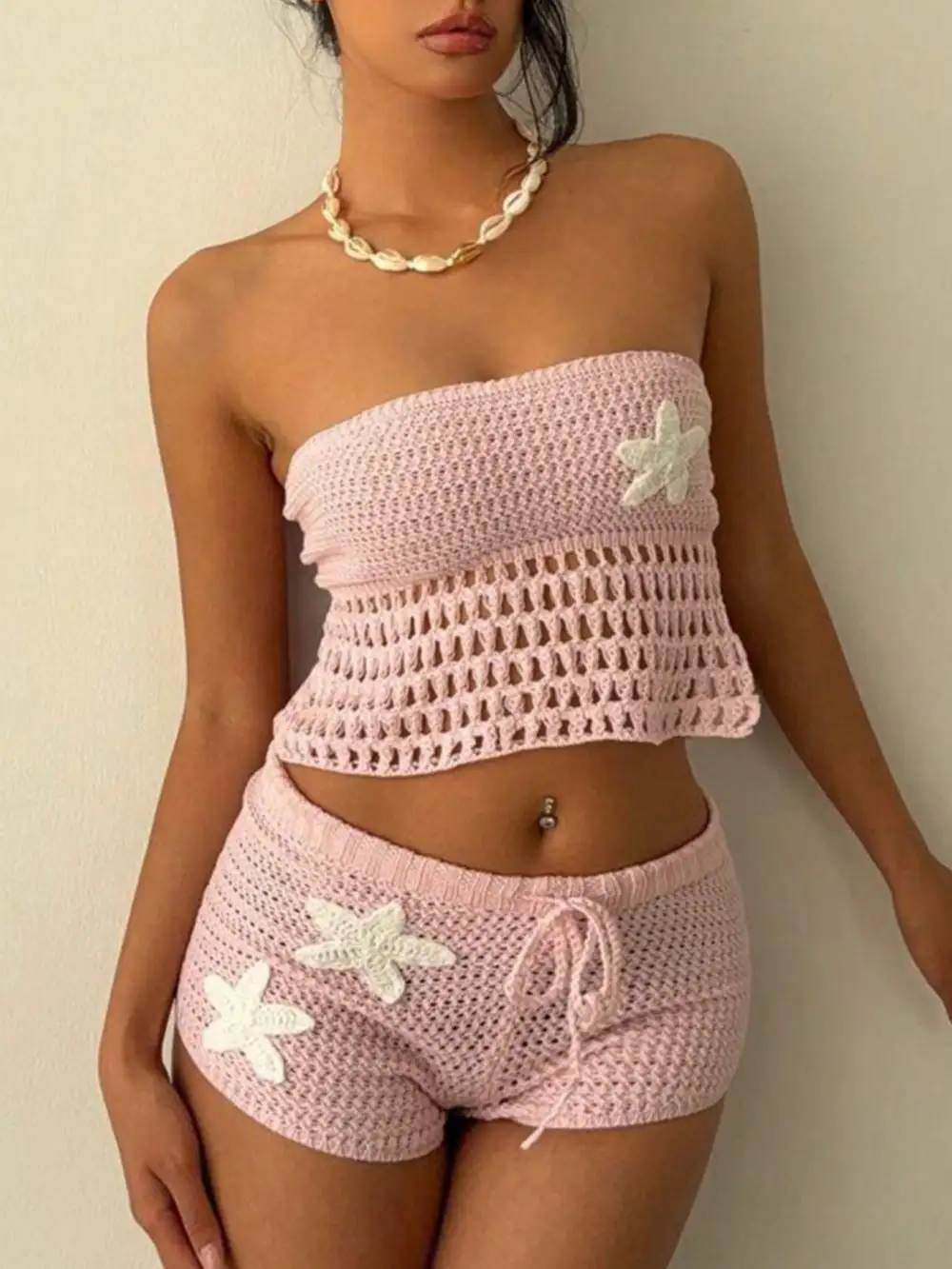 Crochet Tube Top and Shorts Sweater Set
