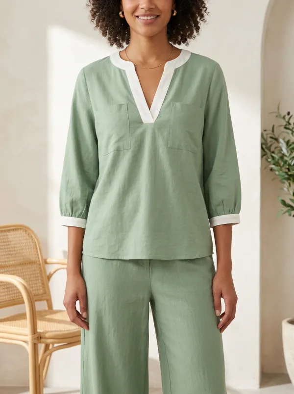 Short-Sleeve Three-Quarter-Sleeve Contrast-Trim Women's V-Neck Shirt