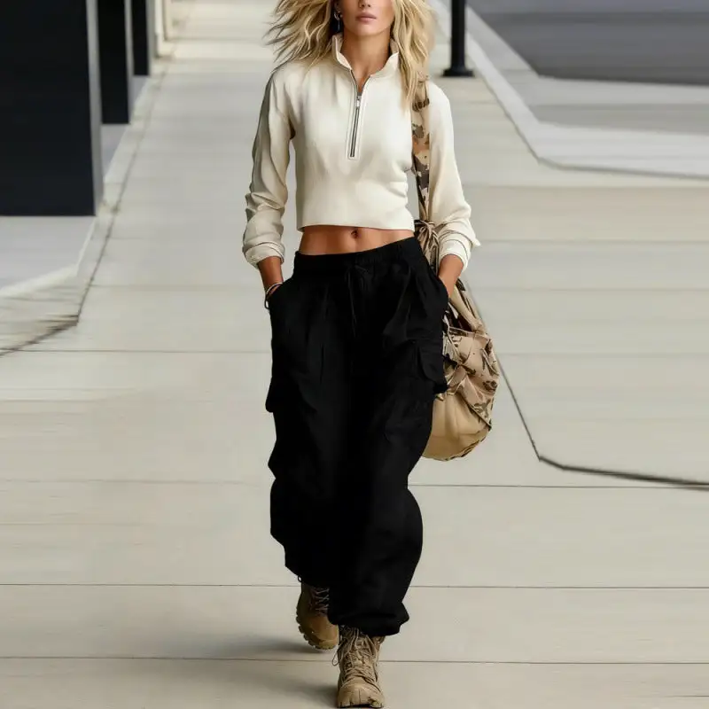 Women's Loose Fit Drawstring Multi Pocket Cargo Pants