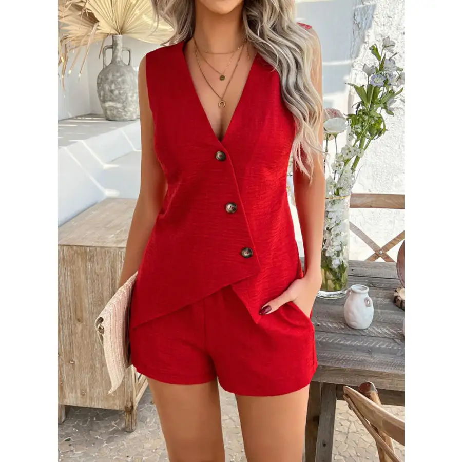 Button Down Sleeveless Top and Shorts Set