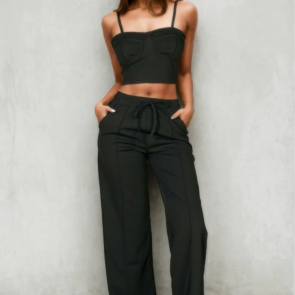 Bustier Crop Cami Top & Slant Pocket Straight Pants Matching Set