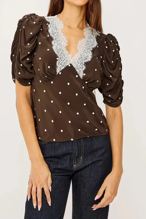 Women's Brown Polka Dot Lace Trim Top