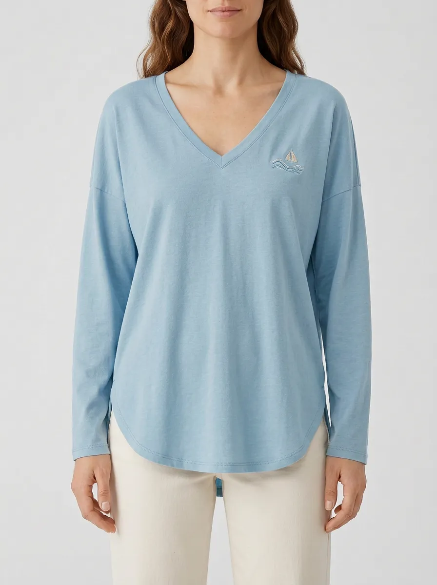Women's Dropped-Shoulder Curved-Hem V-Neck Long-Sleeve T-Shirt with Sailboat Embroidery