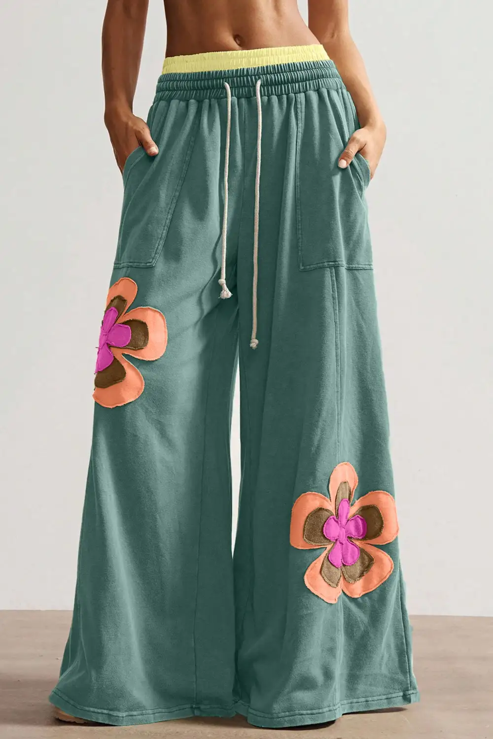 Flower Patchwork Drawstring Contrasted Elastic Rise Wide Leg Pants