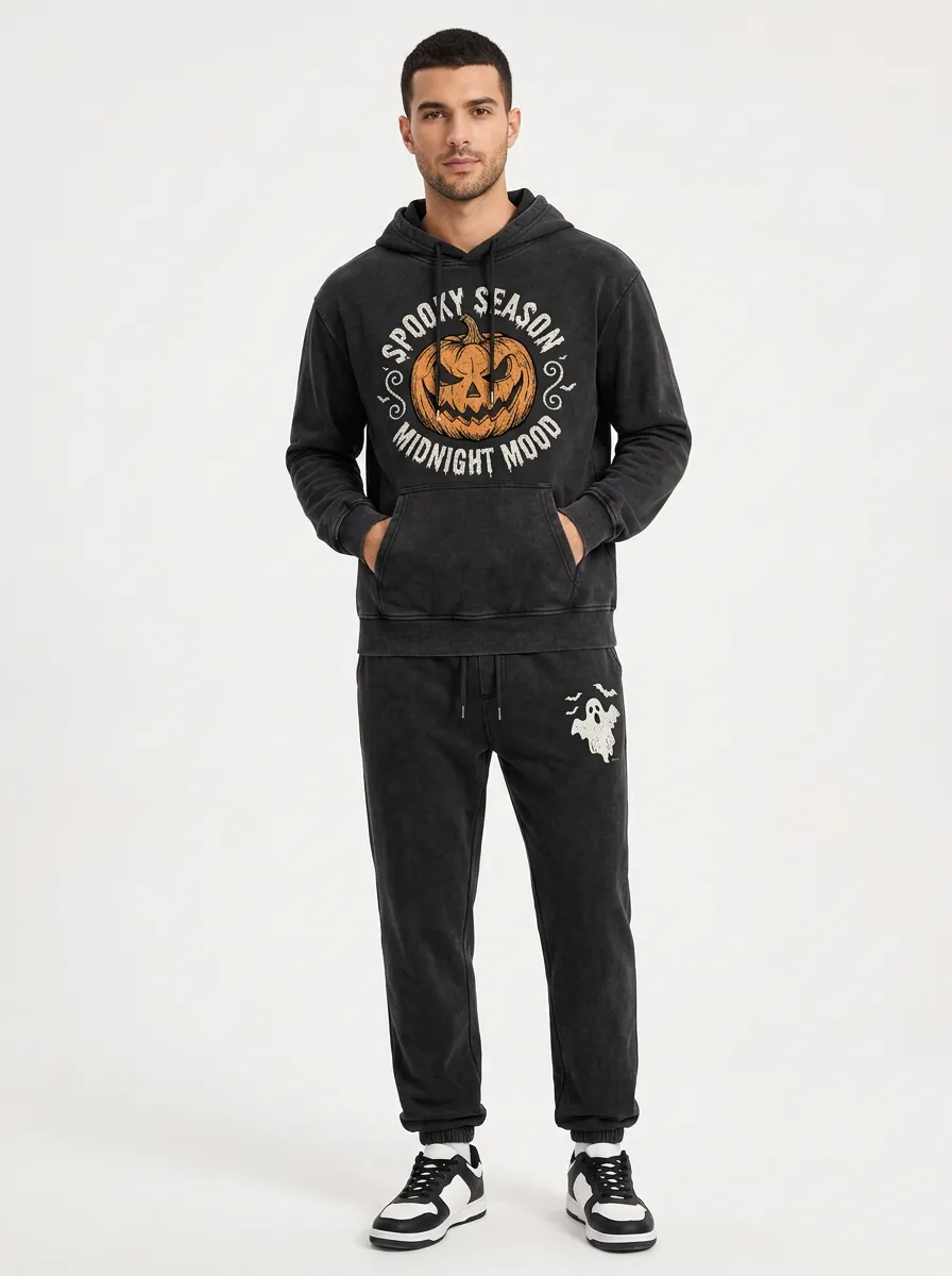 Men's Halloween Spooky Season Pumpkin Ghost Printed Tracksuit