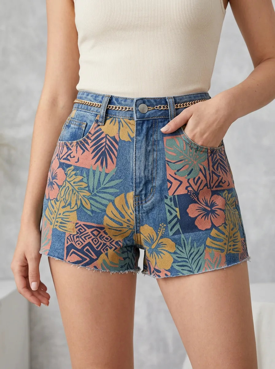 Women's Tropical Hibiscus Leaf Pattern Printed Denim Shorts