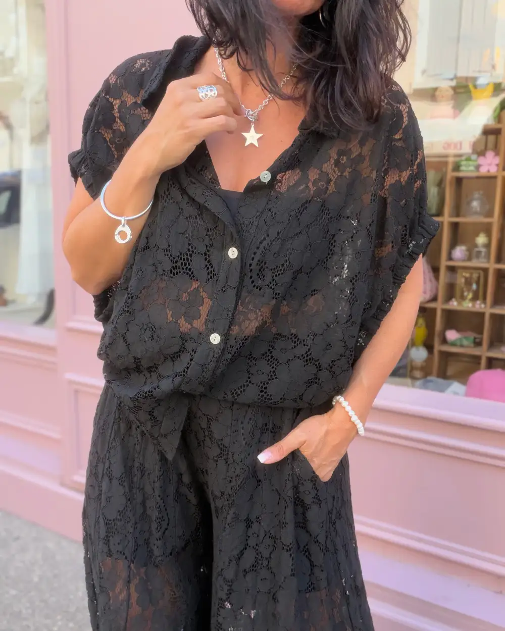 Refined Lace-Trim Blouse
