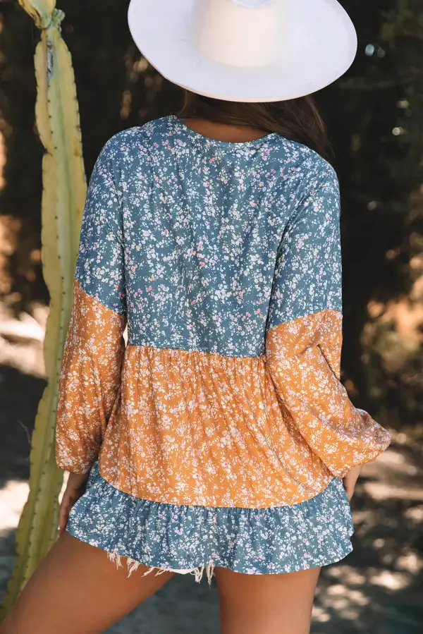 Women's Floral Print Colorblock Patchwork Top