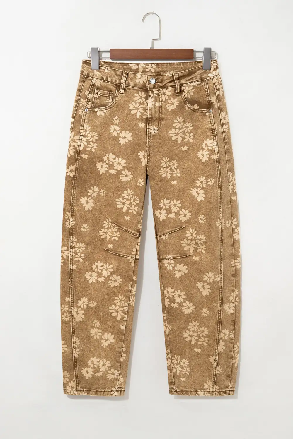 Women's Floral Print Metal Button Pleated Straight Leg Jeans